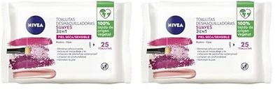 NIVEA Lingettes démaquillantes douces (1 x 25 unités), lingettes démaquillantes pour peau sèche et sensible, lingettes humides pour le visage, les yeux, les lèvres et le cou (Lot de 2)