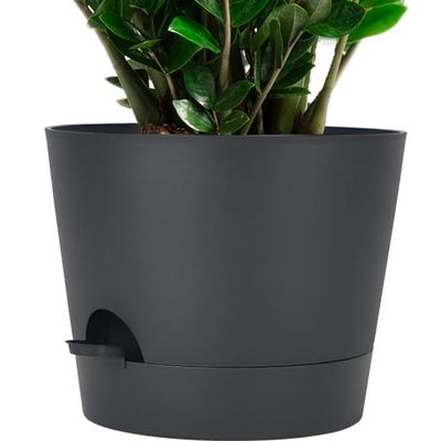 SwinDuck 12inch Large Self Watering Plant Pot, Plastic Cylinder Flower Pot for Indoor Outdoor House Plant and Flowers, Black