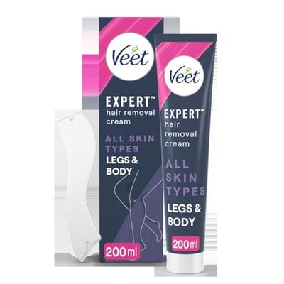 Veet Expert Hair Removal Cream, 200ml (with Spatula), All Skin Types, Legs & Body, Long Lasting Smoothness for 7 Days, Effective from 2 Mins, Works on Tougher Hair, 48 Hour Hydration