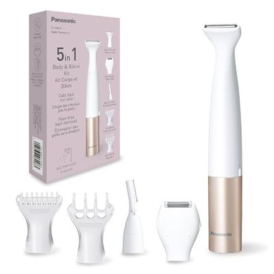 Panasonic ES-WM31 en 1 Kit para Cuerpo y Zona Del Bikini, Depiladora, Afeitadora, Recortadora de la Zona Del Bikini, 5 Accesorios, Resistente Al Agua IPX7, Seco y Húmedo, Pilas (1 AA), Oro Blanco