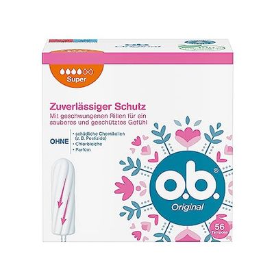 o.b. Tampões originais super para dias fortes com tecnologia StayDry e ranhuras curvadas para uma proteção fiável e uma sensação limpa (56 unidades)