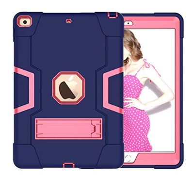 Custodia per iPad 12.9 (2018/2020/2021) Generation con cavalletto, resistente e resistente, ibrida rigida ibrida a tre strati, custodia protettiva in silicone per iPad Tablet (blu navy+rosé)