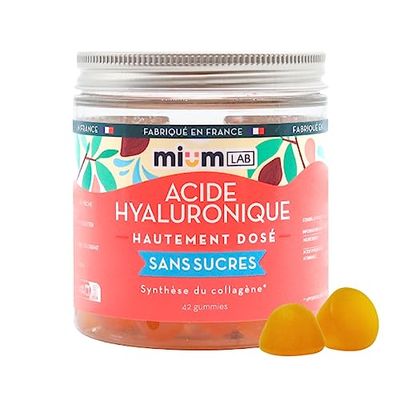 mium LAB - Complément Alimentaire - Acide Hyaluronique sans sucre - 1 Pot : 42 Gummies - belle peau : hydratation, rides, synthèse du collagène - Goût Pêche - Made in France - Végan - Vitamine C