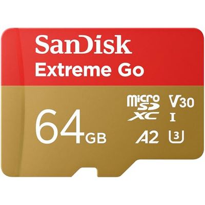 SanDisk Extreme Go micro SDXC card + SD adapter 64GB (For Android Devices, Gaming Consoles, Drones, Action Cams, UHS-I, up to 200 MB/s, V30, 5K, 4K, UHD, Rescue PRO, Class 10, U3) For Amazon