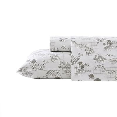 Tommy Bahama Lakanset i percale-bomull, king size, fräscht och svalt, elegant bäddset, brun karta (Vintage Map Brown)