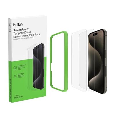 Belkin ScreenForce 9H TemperedGlass Screen Protector for iPhone 15 Pro, Crystal Clear, Scratch-Resistant, Full Screen Coverage, Easy Align Frame for Bubble Free Application, 2-Pack- Amazon Exclusive