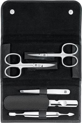 ZWILLING Conjunto de manicure (5 peças, para o cuidado de unhas e pedicure, com estojo de couro genuíno com tesouras para unhas e tesouras para cutículas), aço inoxidável polido, preto