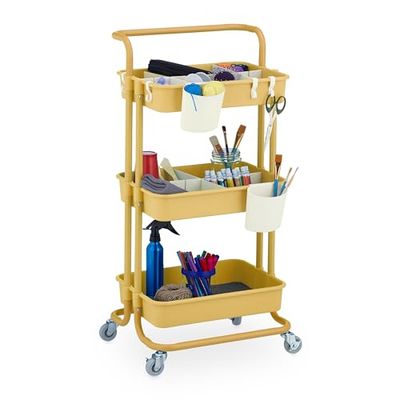 Relaxdays Chariot à roulettes, 3 Niveaux, pour Service, Salle de Bain & Bureau, HxLxP : 86x42,5x36cm, Bricolage, Jaune
