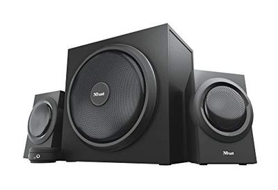 Trust Yuri 2.1 Speaker Set with Wooden Subwoofer, 120W (60W RMS), UK Plug, PC Speakers with Dynamic Bass, Wired Volume Control, Sound System for Computer, Laptop, Smartphone, Tablet - Black
