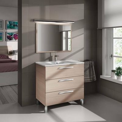 Dmora - Meuble sous-vasque Palmdale, Meuble de salle de bain, Meuble avec 3 tiroirs et miroir, lavabo non inclus, 80x45h86 cm, Chêne