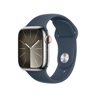 Apple Watch Series 9 GPS + Cellular 41mm Smartwatch con cassa in acciaio inossidabile color argento e Cinturino Sport blu tempesta - M/L. Fitness tracker, app Livelli O₂, display Retina always-on