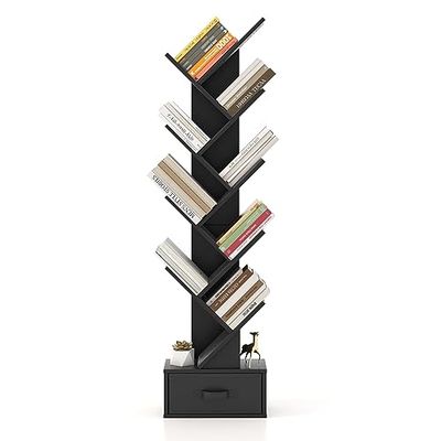 COSTWAY Bibliothèque avec tiroir à 8 étages, en Forme d'arbre, étagère pour CD et DVD, pour Chambre à Coucher, Salon et Bureau à Domicile, 38 x 21,5 x 149,5 cm (Noir)