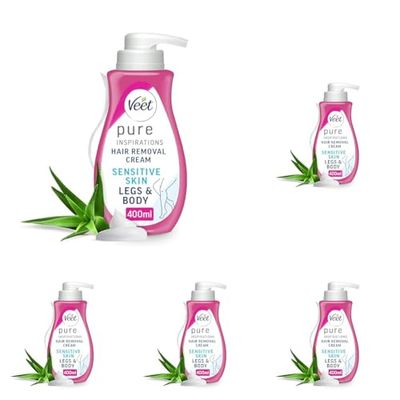 Veet Pure Hair Removal Cream 400ml, Legs & Body, Sensitive Skin, Pleasant Fragrance, Hydrates & Exfoliates, Least Ingredients, Aloe Vera, Results in 5 Minutes, Long Lasting Hydration, 24hr Smoothness