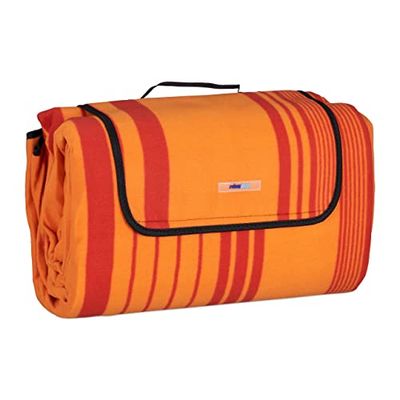 Relaxdays Manta Pícnic XXL, 200x300 cm, Estera Césped Forro Polar a Rayas, Aislante e Impermeable, con Asa, Naranja/Rojo, Poliéster
