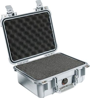 PELI 1400 stötsäker låda, IP67-vatten- och dammtät, 9 liters kapacitet, tillverkad i Tyskland, med anpassningsbar skuminredning, silver