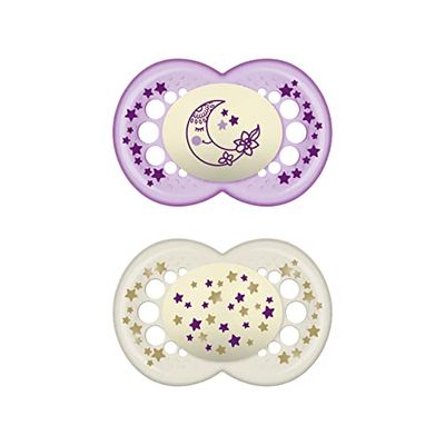 MAM Chupeta que brilha no escuro, a partir de 6 meses, étina simétrica, plana e flexível de silicone de fácil aceitação, com caixa autoesterilizadora, original, rosa brilhante, pack de 2 unidades
