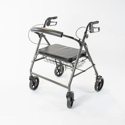 NRS Healthcare Heavy Duty Bariatric Aluminium 4 Wheel Rollator Walking Aid with Seat and Basket - Grey