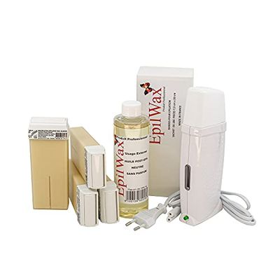 EpilWax Kit d'Épilation Royal Complet avec : chauffe cire professionnelle 4 Roll-On de cire 100 ml à la Vanille, 100 bandes épilation, 1 flacon de 250 ml huile après épilation (Royal Série Vanille 4)