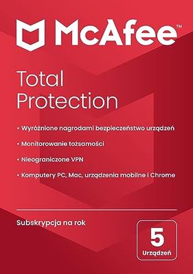 McAfee Total Protection 2024 | 5 urządzeń | Oprogramowanie antywirusowe zapewniające bezpieczeństwo w sieci | PC/Mac/Android/iOS | Roczna subskrypcja | Dostawa pocztą | Standard