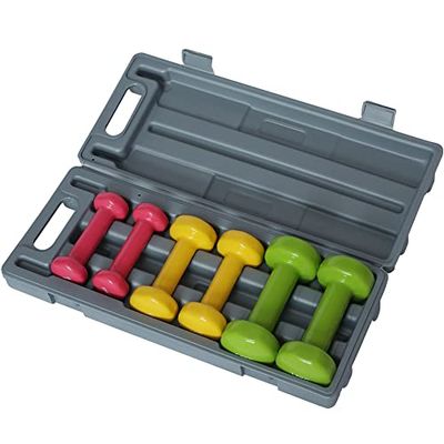 BAKAJI Set 6 Manubri da Palestra con Valigetta (2x0.5kg + 2x1kg + 2x1.5kg), Pesi Fitness Rivestimento in Gommapiuma, Ergonomico, Antiruggine, Antiscivolo, Riabilitazione Fisica, Allenamento