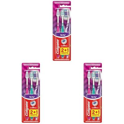 Colgate ZigZag Cepillo de Dientes Dureza Media, Pack 3 Uds, Limpieza Interdental Profunda, Limpiador de Lengua, Elimina Bacterias Causantes del Mal Aliento, Confort y Suavidad de las Encías