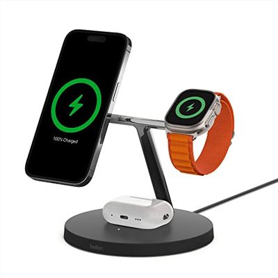 Belkin MagSafe 3-in-1 draadloze oplader, 15W iPhone snel opladen, Apple Watch snel opladen, AirPods laadstation voor iPhone 13, 12, Pro, Pro Max, Mini, AppleWatch Series 7, SE en AirPods - zwart