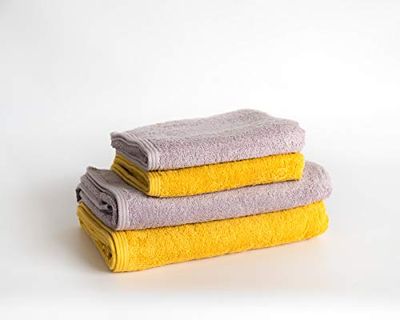 Sancarlos - Lot de 4 Serviettes Ocean Duo, 2 lavabos et 2 Serviettes de Bain, Couleur Mauve et Moutarde 100% Coton, 550 g/m²