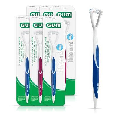 GUM - 10070942302316 Dual Action Tongue Cleaner Brush and Scraper (Colors May Vary) (Pack of 6)