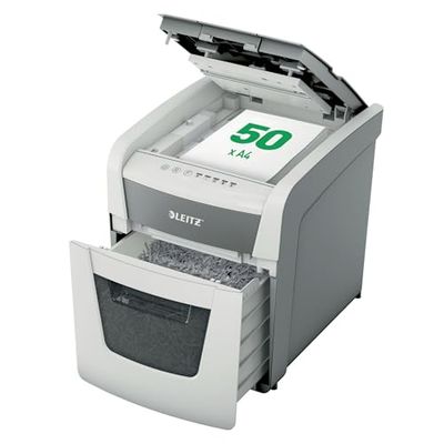 Leitz, Destructeur de documents AutoFeed, Hybride, 50 feuilles en automatique, 6 feuilles en manuel, Coupe croisée P4, Trombones/Agrafes/CB, Anti-bourrage, Silencieux 55 dB, Bac 20L (150 f), 80350000