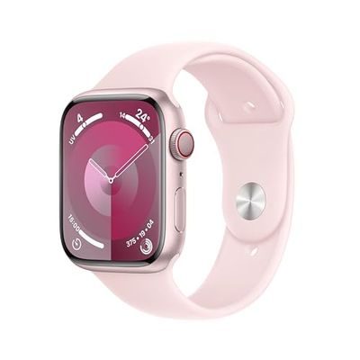 Apple Watch Series 9 (45 mm GPS + Cellular) Smartwatch avec boîtier Aluminium Rose et Bracelet Sport Rose pâle (S/M). Suivi de l’activité Physique, apps Oxygène sanguin et ECG, résistance à l’Eau