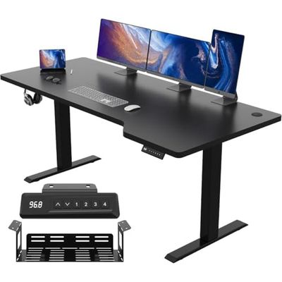 JUMMICO In hoogte verstelbaar bureau, 160 x 70 cm, L-vormig bureau, in hoogte verstelbaar, elektrisch, ergonomische gamingtafel met haken (zwart)