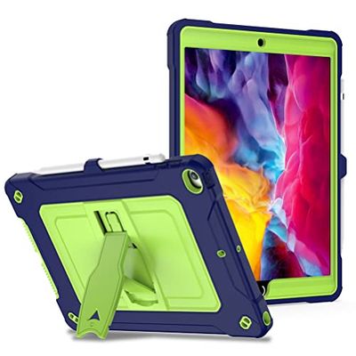 Funda de Silicona para iPad de 10.2 Pulgadas generación 7/8/9 (2019/2020/2021) con Palanca Lateral y Correa de Hombro, Azul Marino + Amarillo Verde