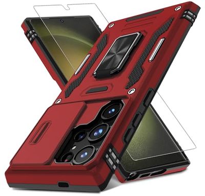 DEERLAMN Funda para Samsung Galaxy S24 Ultra con Cubierta de cámara Deslizante y Protector de Pantalla (1 Unidad), Soporte con Anillo Giratorio, Calidad Militar, a Prueba de Golpes, Rojo