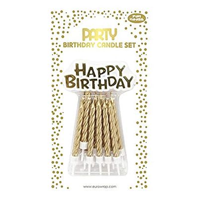 Clairefontaine 26577-SC, Juego de 12 velas + 12 portavelas + soporte "Happy Birthday", color dorado