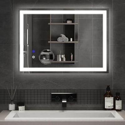 Mondeer Miroir de Salle de Bain avec Éclairage, Miroir Mural LED avec Interrupteur Tactile et Antibuée, Loupe 5X Detachable avec Luminosité Ajustable, Style Moderne pour Salle de Bain, 50 x 70 cm