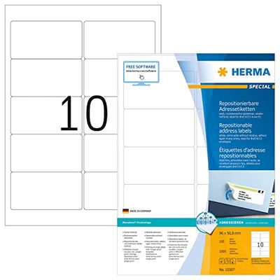 HERMA 10307 adreslabels A4 afneembaar (96 x 50,8 mm, 100 velles, papier, mat) zelfklevend, bedrukbaar, verwijderbaar en opnieuw klevende etiketten, 1.000 etiketten voor printer, wit