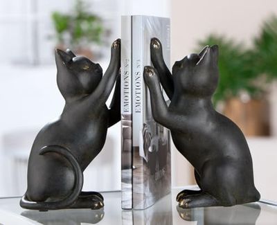 Pack of 2 Bookends, Cat, Synthetic resin, black, PU 2, 2 assorted, L. 13 cm, W. 8 cm, H. 19 cm