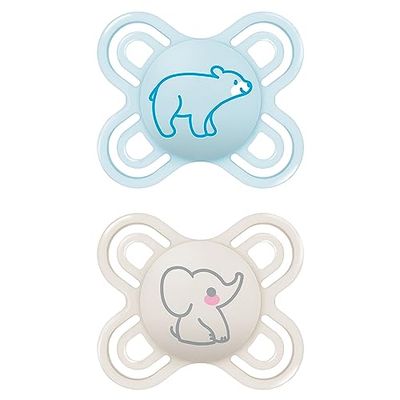 MAM Perfect Start fopspeen in set van 2, speciaal voor pasgeborenen, kindvriendelijke babyfopspeen van duurzame en biologisch hernieuwbare materialen, met fopspeenbox, 0-2 maanden, beer/olifant