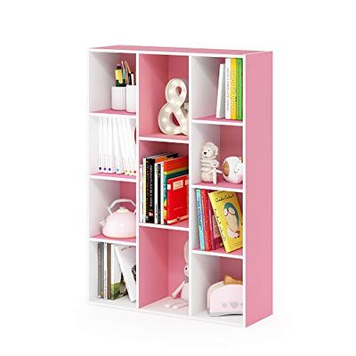 Furinno Luder Estantería Abierta Librería de 11 Cubos, Blanco/Rosa