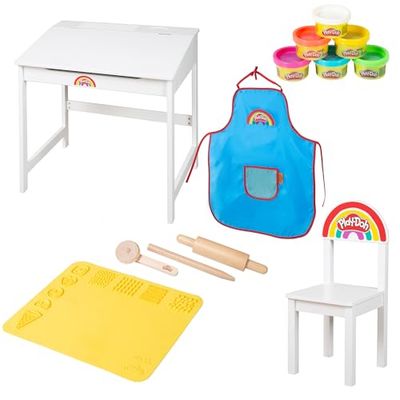 roba x Play-Doh Banco di Lavoro - Strumenti in Legno FSC, Tappetino 3D, 6 Barattoli di Pasta Modellabile, Grembiule e Sedia - per Bambini da 3 Anni in su