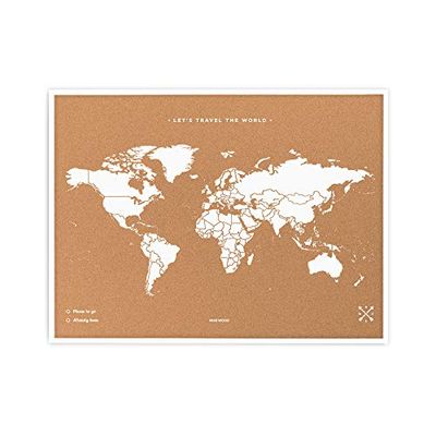 Miss Wood My World L Panneau d'affichage en liège avec cadre, motif mappemonde, bois, blanc, 48 x 63 x 1,5 cm
