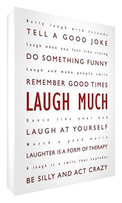 Feel Good Art Canvas foto met massief frontpaneel in modern en inspirerend typografisch design (30 x 20 x 4 cm, klein, rood op wit, Laugh Much)