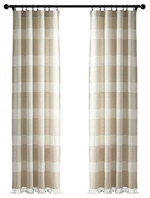 Lush Decor, Taupe Tucker Stripe Yarn Dyed Cotton Knotted Tassel Window Curtain Panel Pair, 84" x 40"