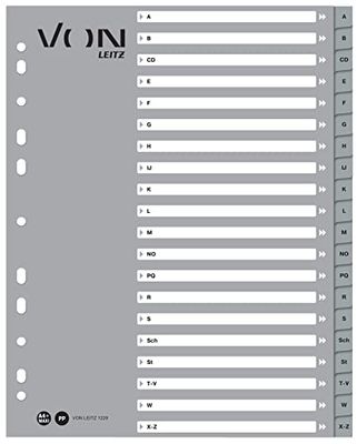 VON Leitz Leitz Leitz 12290085 Lot de 10 intercalaires de l'alphabet A-Z en carton PP extra large 11 trous pour dossiers à feuilles volantes et classeurs à anneaux Gris
