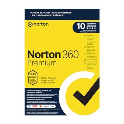 Norton 360 Premium 2024, antivirussoftware, internetbeveiliging, 10 Apparaten, 1 Jaar abonnement met automatische verlenging, Secure VPN en Password Manager,PCs, Macs, tablets en smartphones,envelop