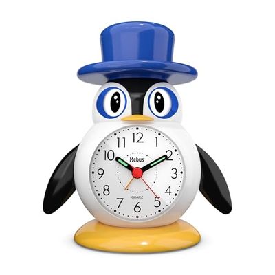 MEBUS kleiner Kinderwecker mit Quarzuhrwerk, Beleuchtung und Schlummerfunktion, öffnet und schließt die Augen, Leuchtzeiger/Motiv: Pinguin/Modell: 26514