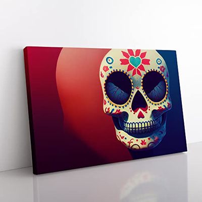 Fantastic Floral Sugar Skull Canvas Wall Art Print Ready to Hang, Framed Picture for Living Room Bedroom Home Office Décor, 50x35 cm (20x14 Inch)
