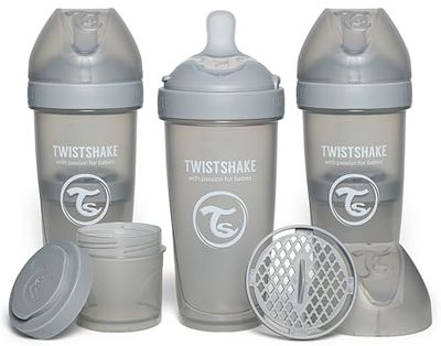 Twistshake 3x Pro Double Biberón Anticólicos con Envase de Leche en Polvo - 330 ml | Pezón de Silicona de Flujo Rápido con Forma de Seno | Sin BPA | Adecuado para Bebés de Más de 4m+ | Gris