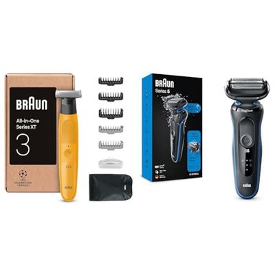 Braun Regolabarba Uomo XT3 Tutto-in-uno, +7 Strumenti di Styling, Giallo & Rasoio Elettrico Barba Braun Serie 5, Rifinitore Di Precisione Ed Effetto Barba Incolta, Series 5, Blu