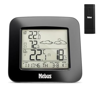 MEBUS Funk-Wetterstation mit Außensensor Thermometer Hygrometer Wettervorhersage Mondphasen Wettertrend, Alarm mit Weckwiederholung, Kalender/Material: Kunststoff/Farbe: Schwarz/Modell: 40715